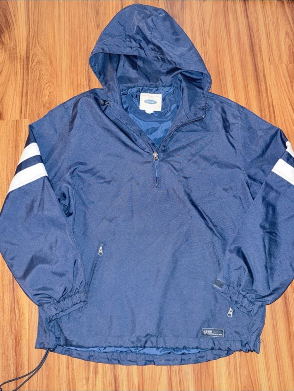 Old Navy Navy Hooded Windbreaker with White Sleeve Stripes
